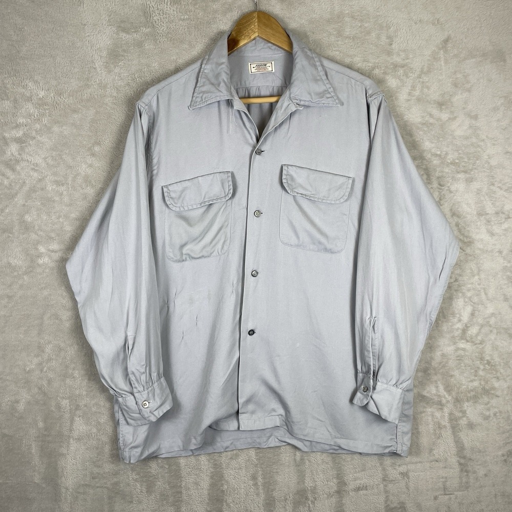 Vintage 50s Arrow Gabanaro Rayon Gabardine Loop Collar Shirt‎ Mens Large 16 USA